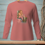 Pink long sleeve shirt with a mermaid, martini, and crab graphic.