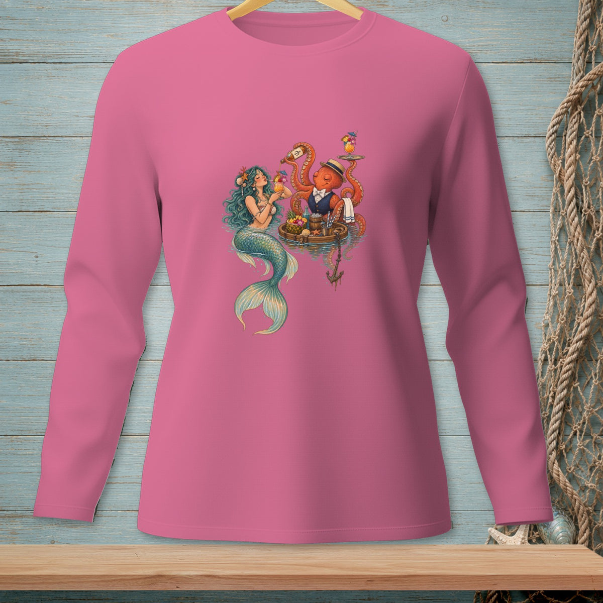 Mermaid and octopus in a boat serving drinks with fruit and umbrella.