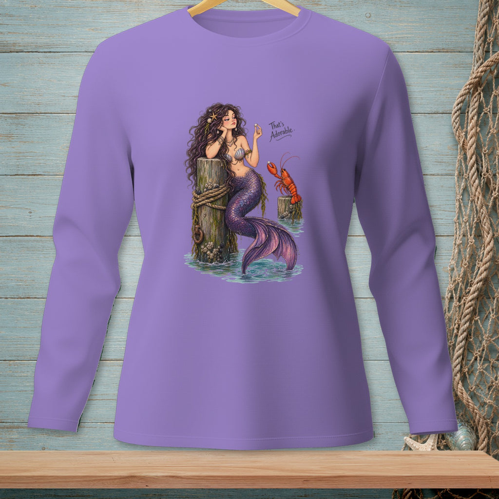 Purple long-sleeve shirt with a mermaid holding a pearl and a lobster nearby.