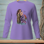 Purple long-sleeve shirt with a mermaid holding a pearl and a lobster nearby.