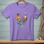 Mermaid with drinks and octopus near a lighthouse, with a seagull perched on top.