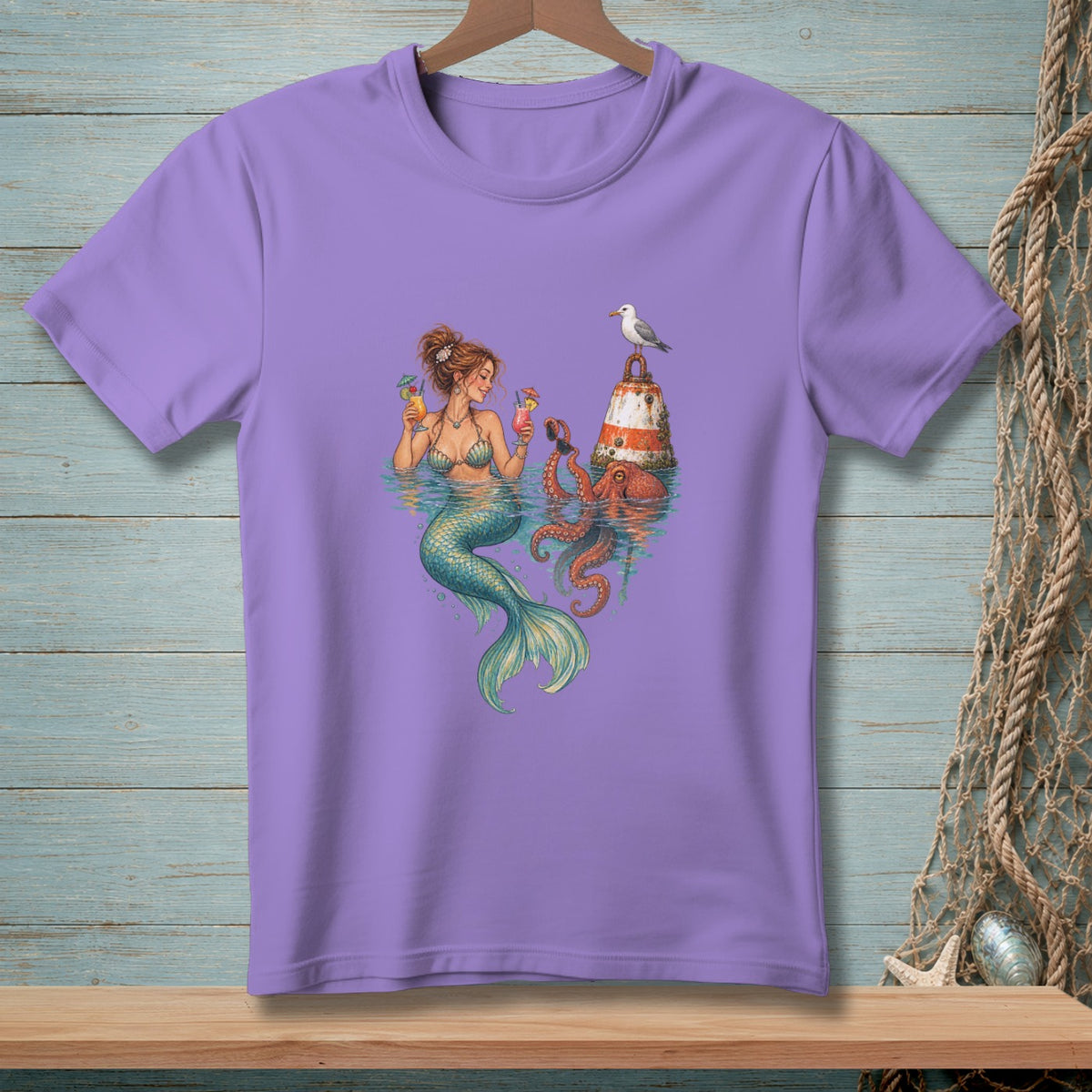 Mermaid with drinks and octopus near a lighthouse, with a seagull perched on top.