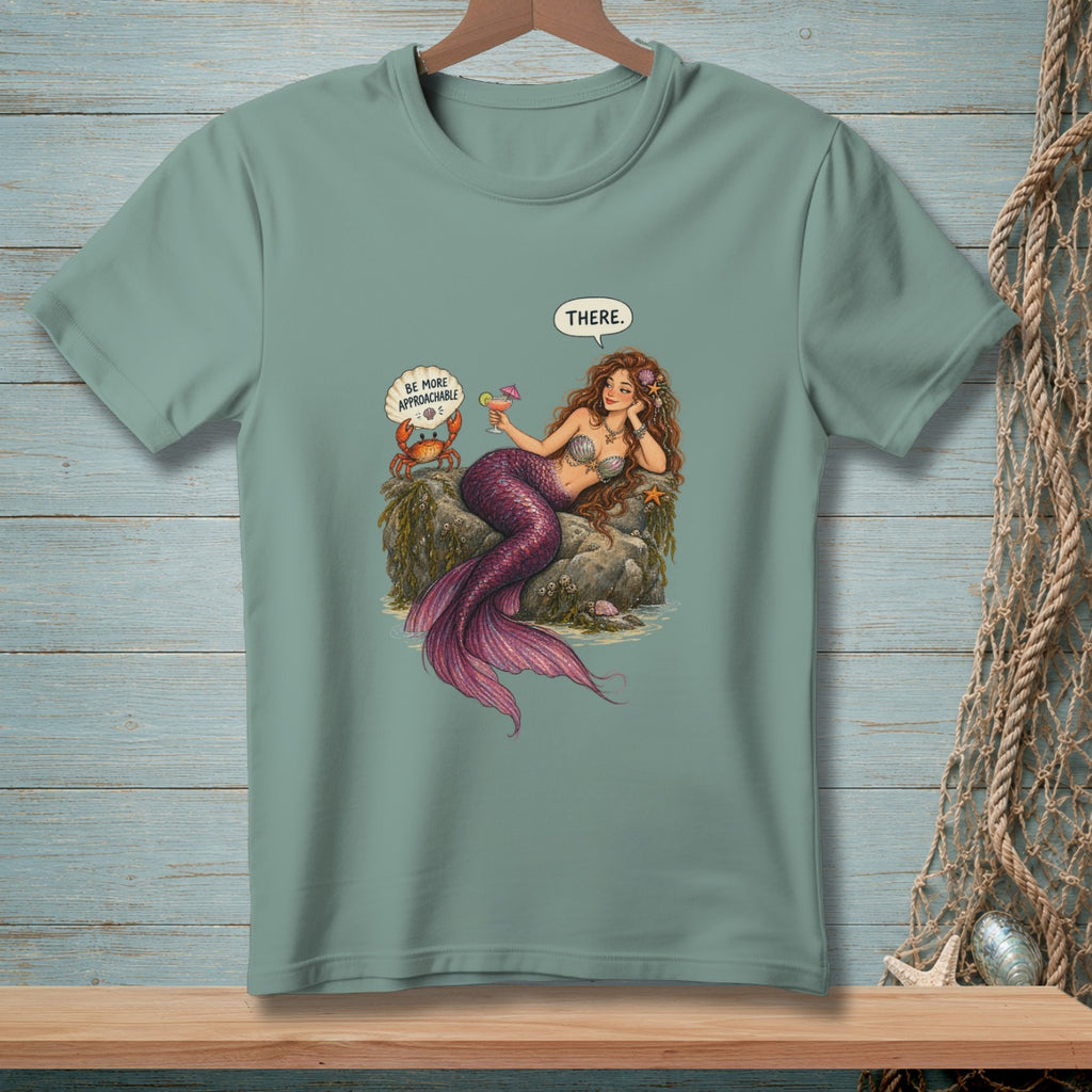Illustration of a mermaid and crab on rocks, with text bubbles.