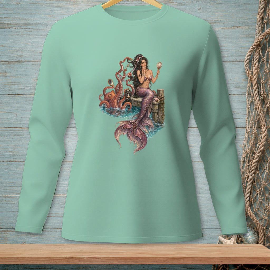 Mermaid holding seashell with octopus on wooden dock.