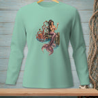 Mermaid holding seashell with octopus on wooden dock.
