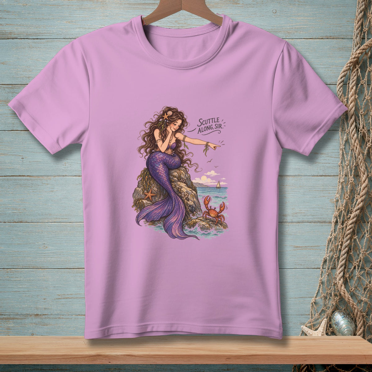 Illustration of a mermaid pointing at a crab with text "Scuttle Along, Sir".