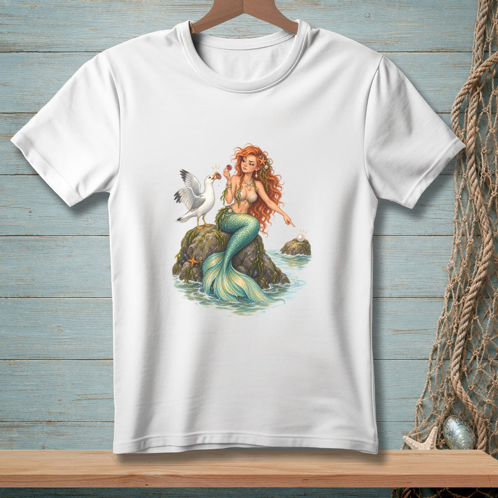 Mermaid with red hair and turquoise tail sits on a rock with a seagull and a pearl.