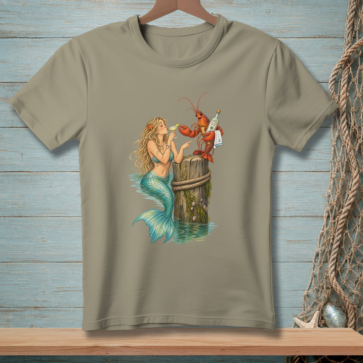 Mermaid and lobster enjoying drinks by a wooden post in the water.