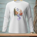 White long-sleeve shirt with mermaid, octopus, seagull, and "Not On My Tide" text graphic.