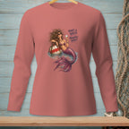 Mermaid with wine glass rests on buoy, "Hair's a wreck. Priorities intact."