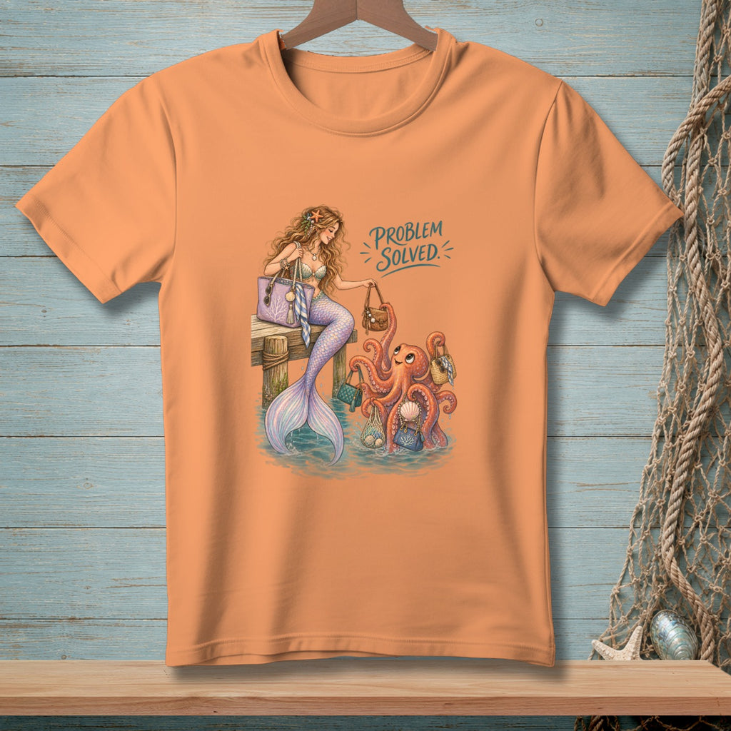 Mermaid and octopus with shopping bags and the text "PROBLEM SOLVED".