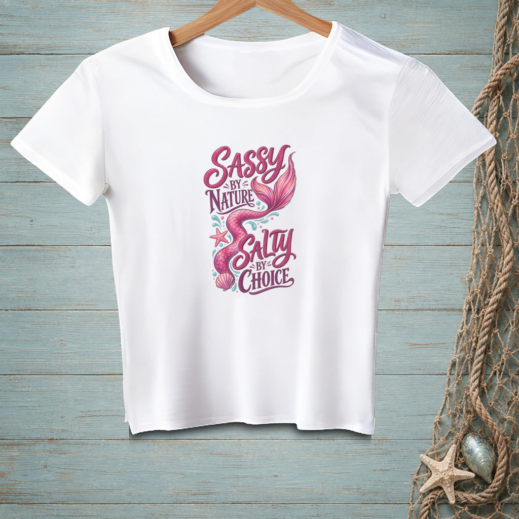 White t-shirt with "Sassy by Nature Salty by Choice" mermaid graphic.