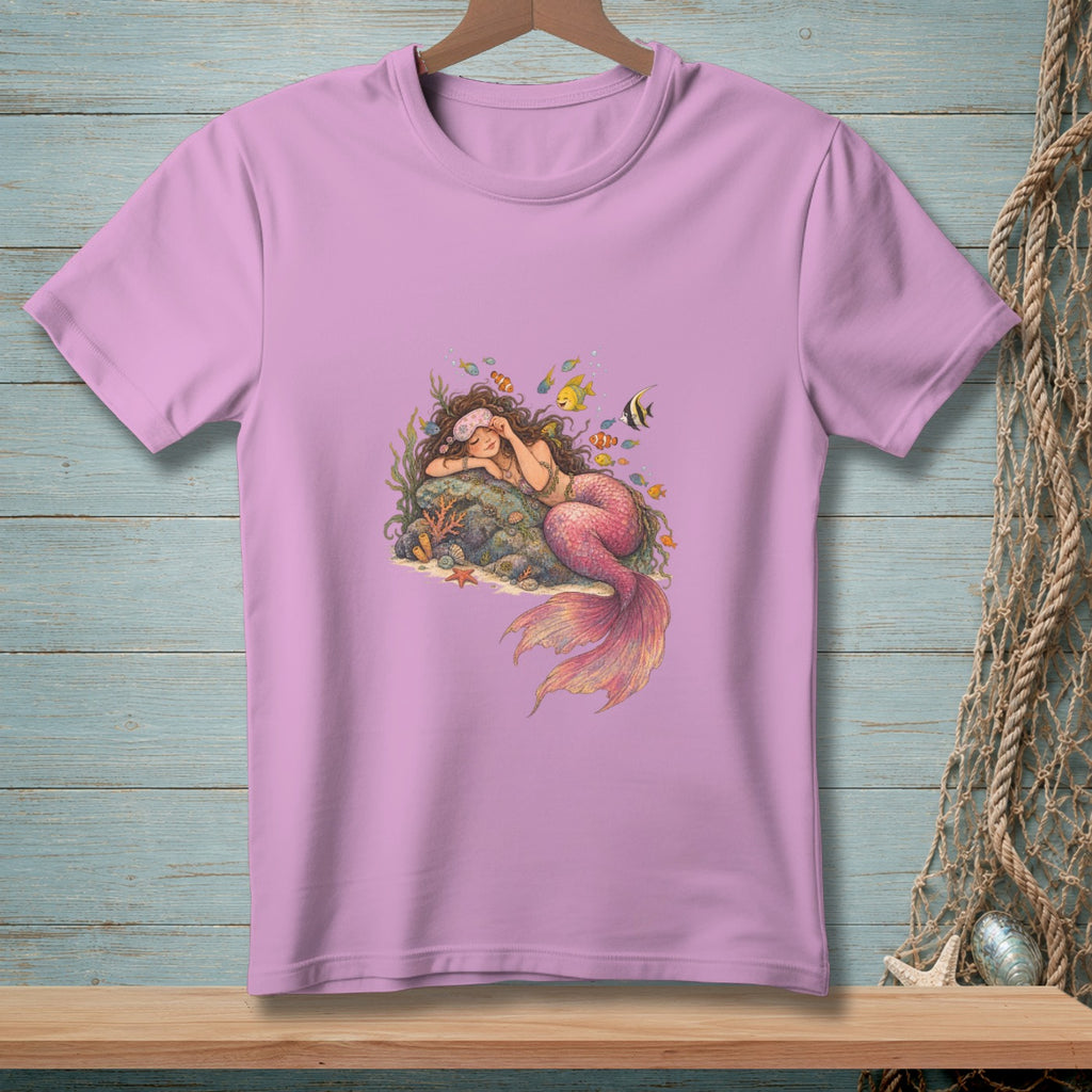 Pink t-shirt with a sleeping mermaid surrounded by colorful fish and coral.