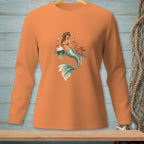 Orange long-sleeve shirt with a mermaid, octopus, and cocktails graphic.