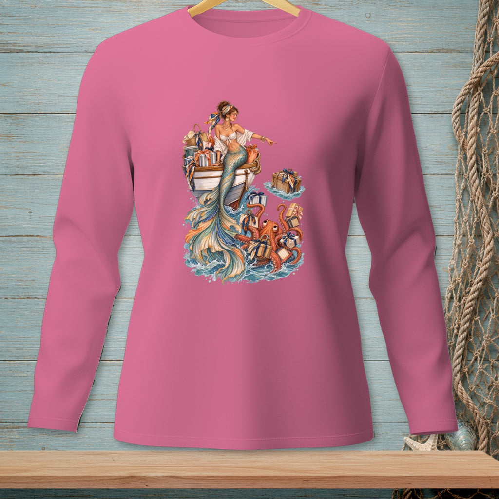 Pink long-sleeve shirt featuring a mermaid on a boat surrounded by gifts and an octopus.