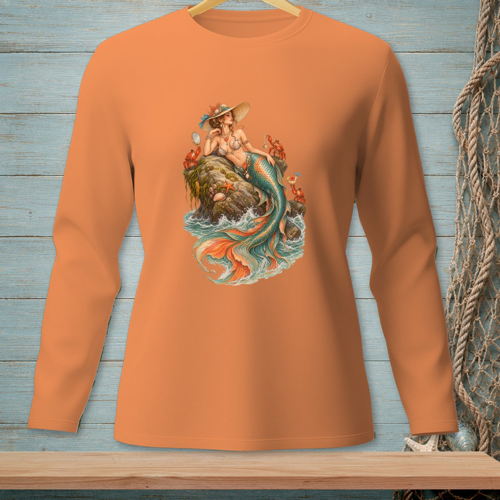 Orange long-sleeve shirt with a vintage mermaid graphic on a rock with crabs and waves.