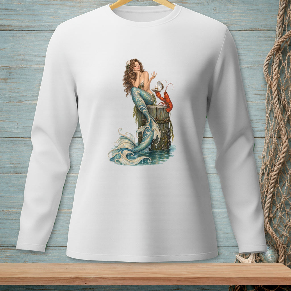 Illustration of a mermaid holding a pearl next to a lobster on a barnacle-covered post.