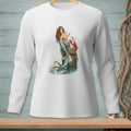 Illustration of a mermaid holding a pearl next to a lobster on a barnacle-covered post.