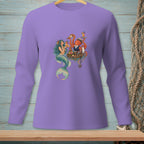 Mermaid and octopus in formal wear serve drinks on a wooden raft at sea.