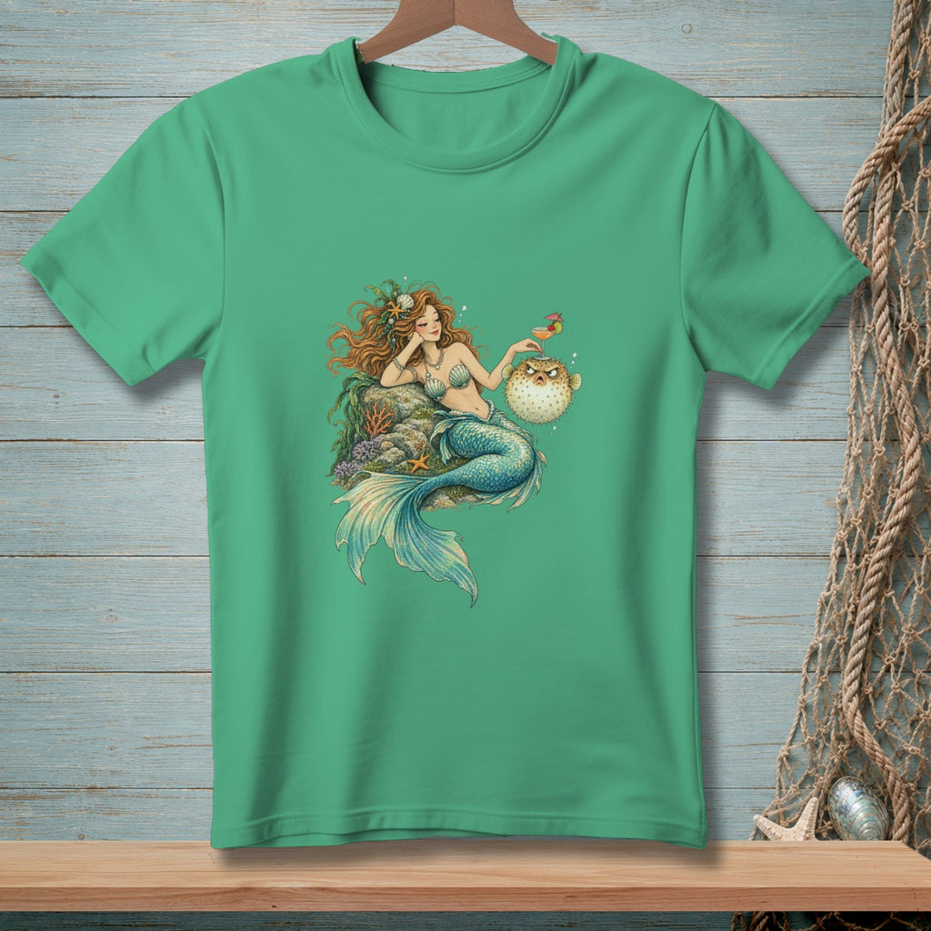 Green t-shirt with illustration of a mermaid and a pufferfish.