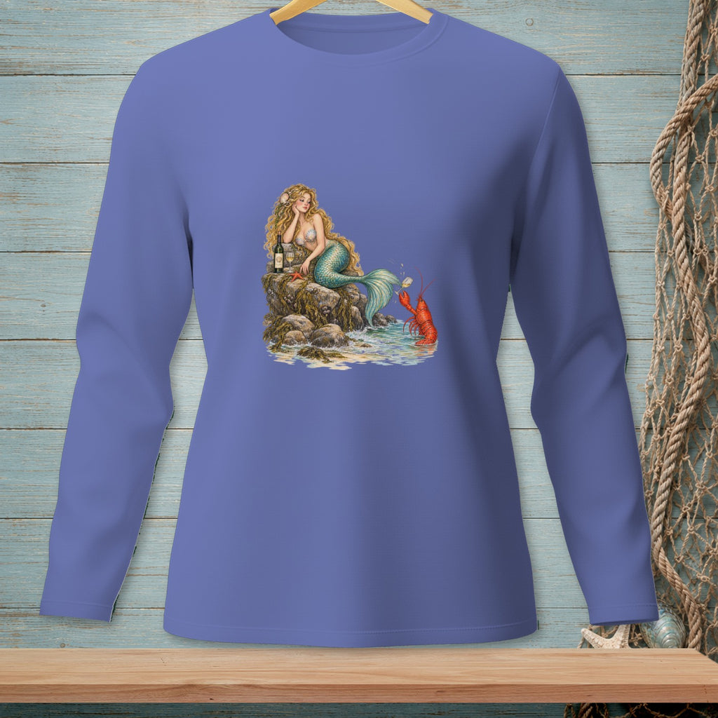 Mermaid with wine and lobster by the sea on a purple long-sleeve shirt.