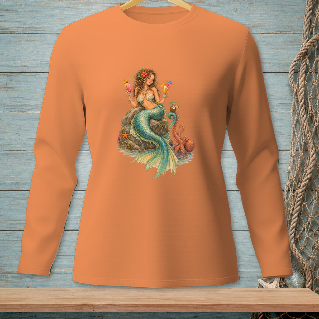 Mermaid with cocktails on rock with octopus and starfish on orange long-sleeve shirt.