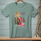 A mermaid with a pink tail sits on a post next to a lobster.