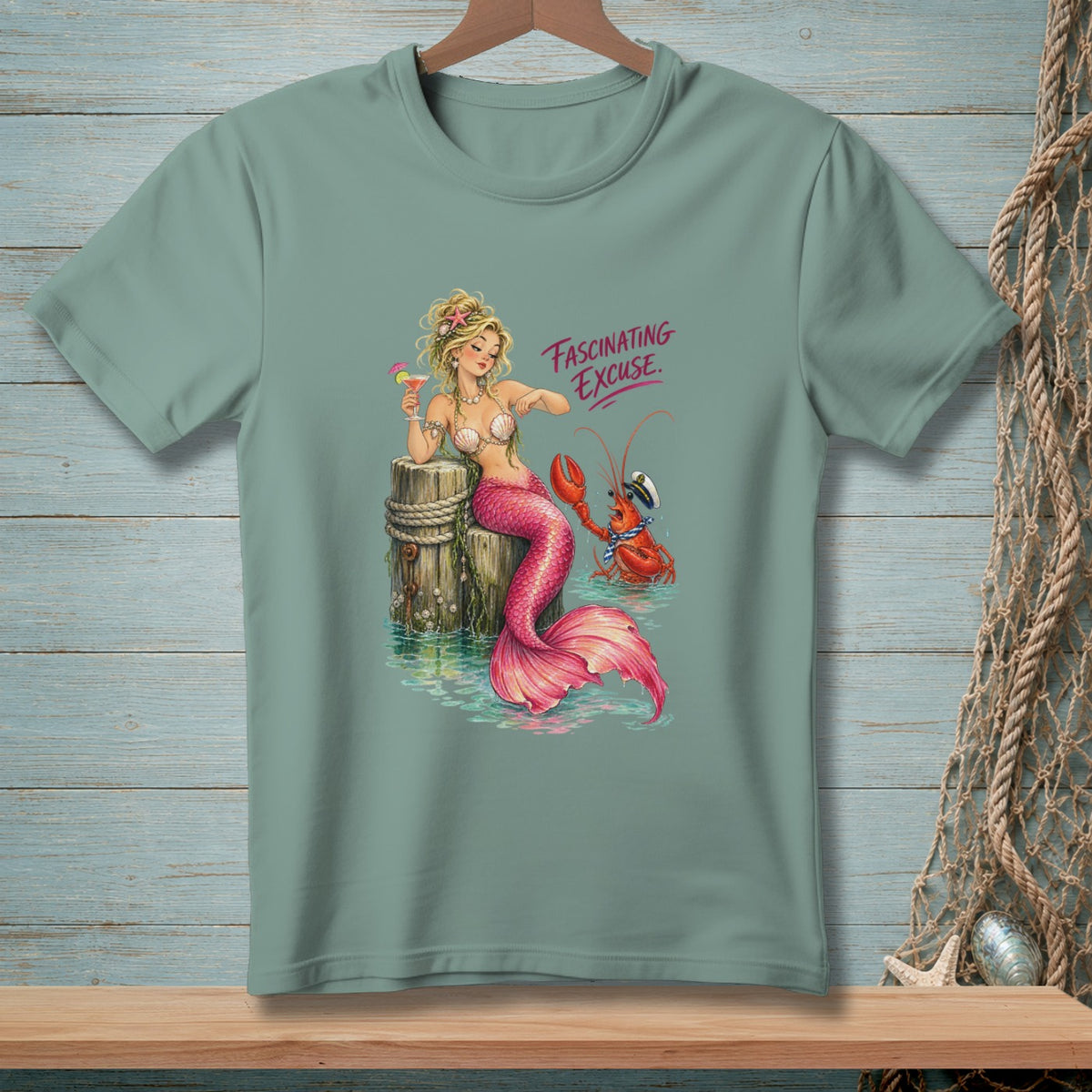 A mermaid with a pink tail sits on a post next to a lobster.