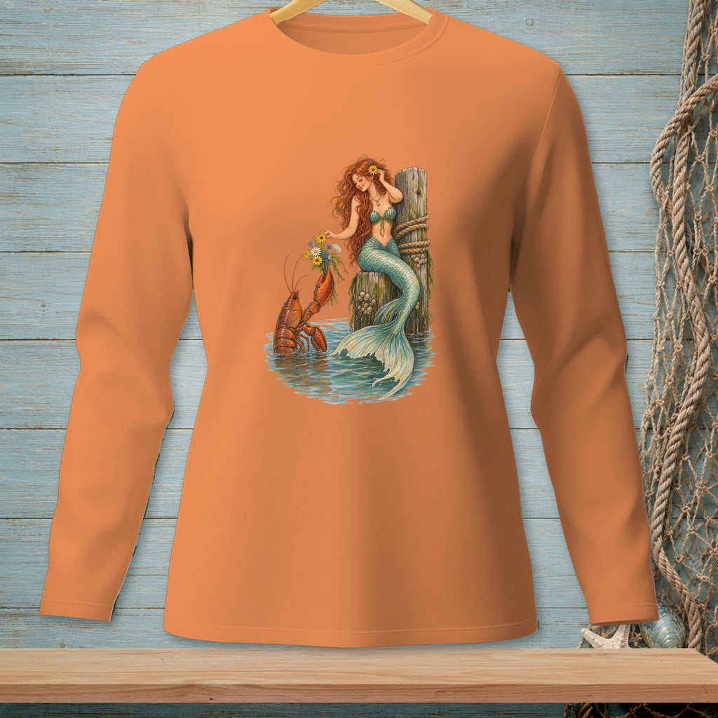 Mermaid with red hair holds flowers for a lobster by a wooden post.