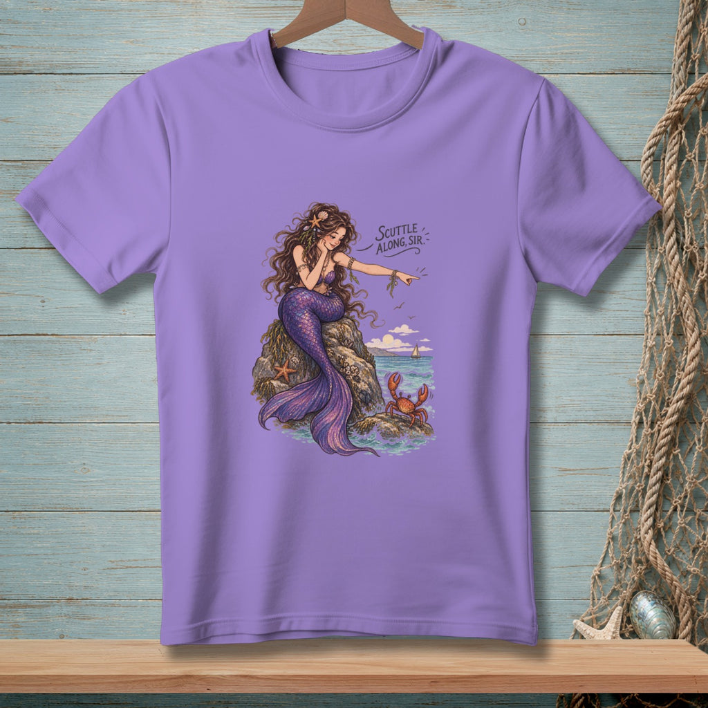 Purple t-shirt with a mermaid sitting on a rock, pointing at a crab, with text "SCUTTLE ALONG, SIR."
