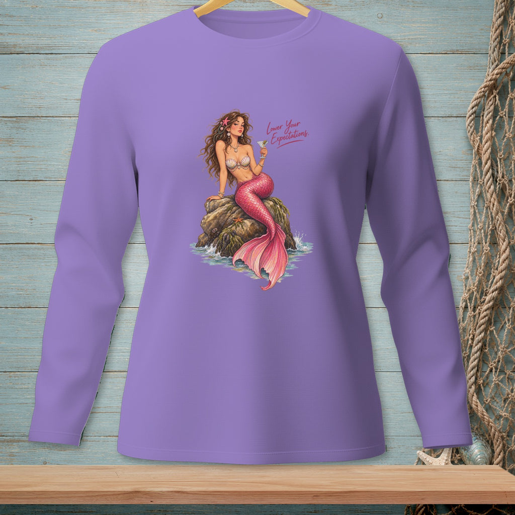 Purple long-sleeve shirt with a mermaid and "Lower Your Expectations" text.