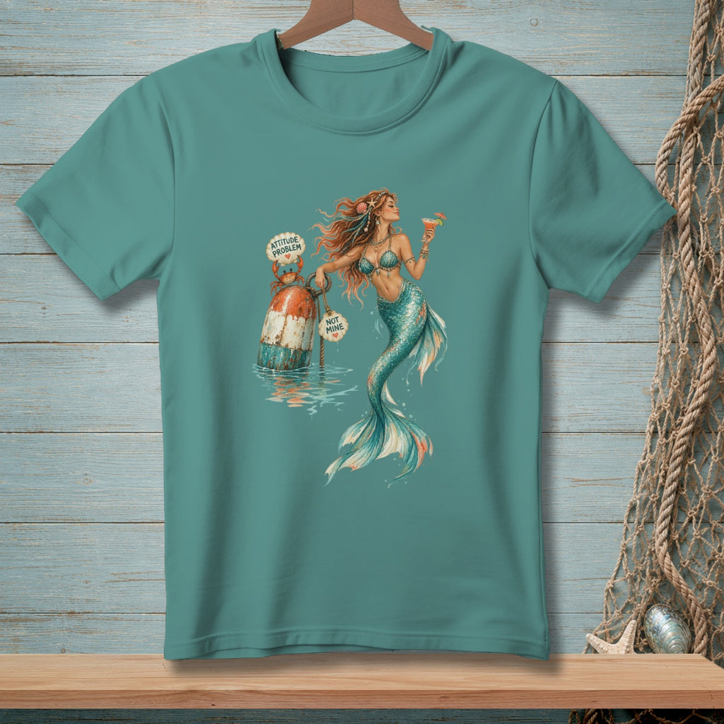 Mermaid with cocktail holding a buoy with "attitude problem" and "not mine" signs.