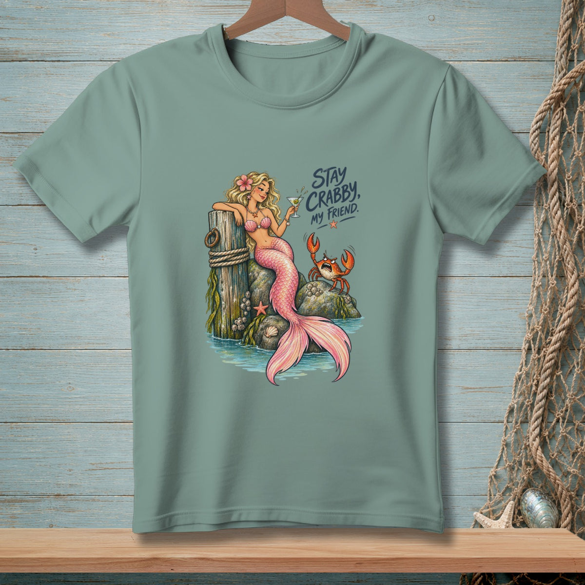 Mermaid and crab graphic with text "Stay Crabby, My Friend".