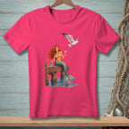Mermaid with cocktail and food sitting on dock with a seagull.