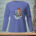 Mermaid with red hair sitting on a rock with a seagull.