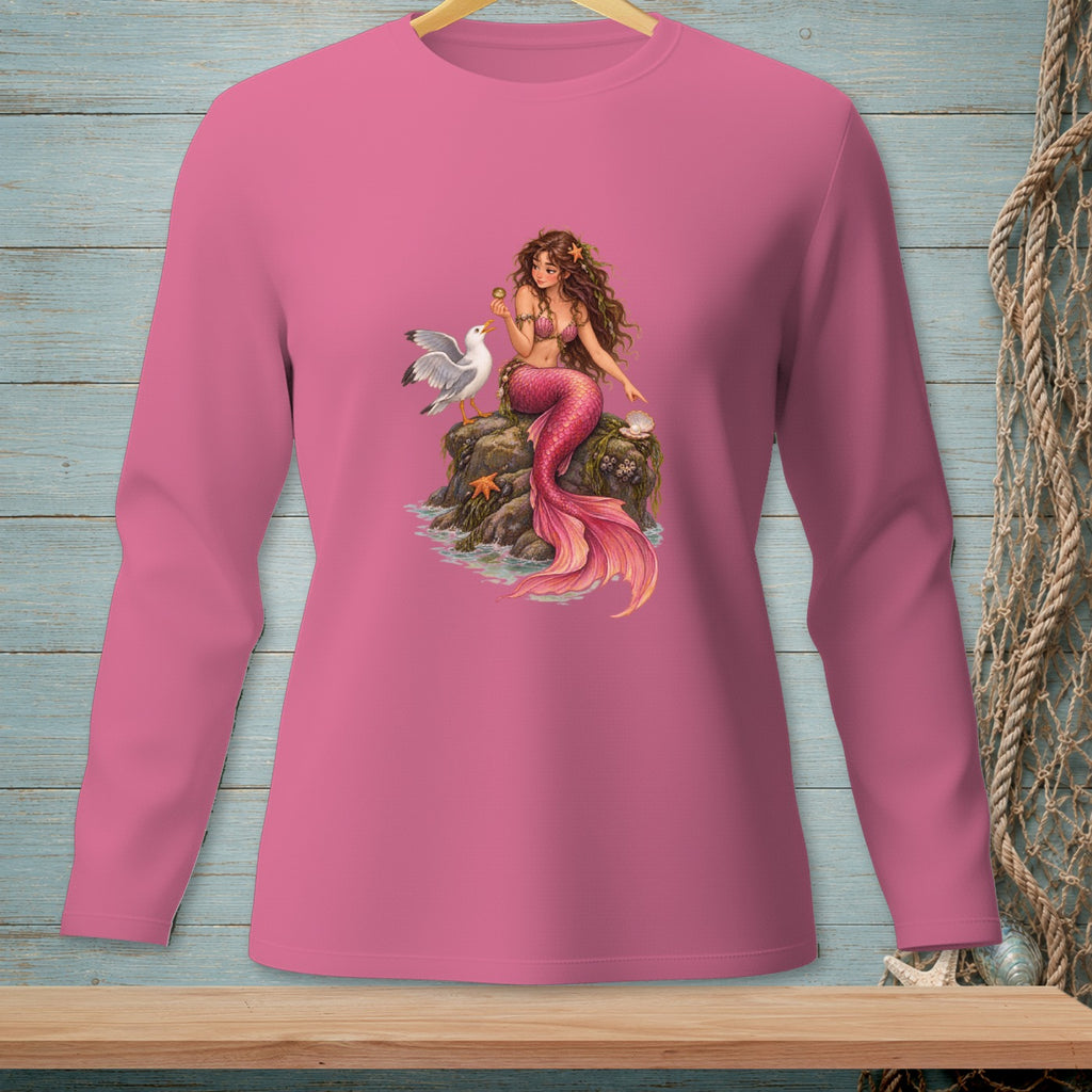 Pink long-sleeve shirt with a graphic of a mermaid and seagull on a rock.