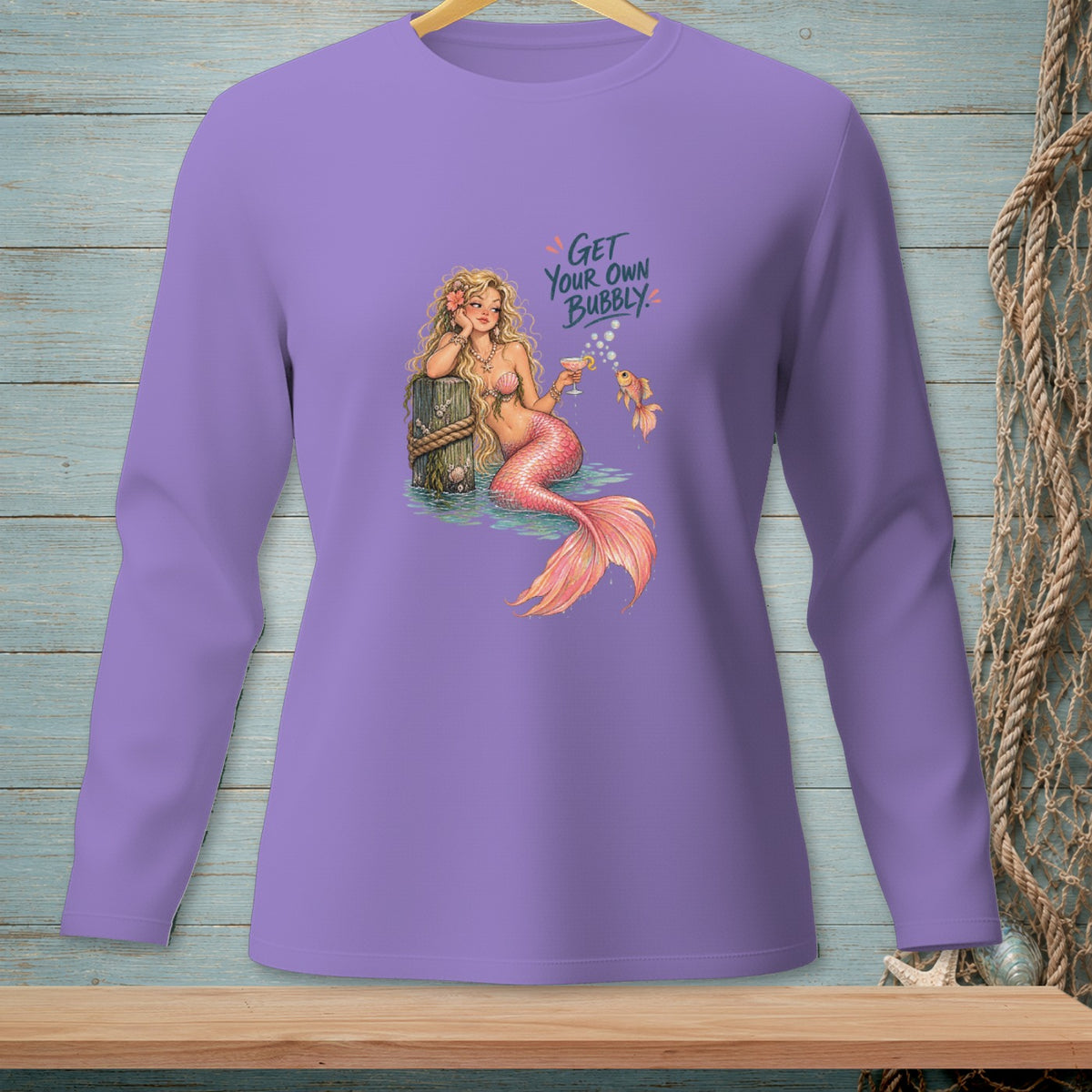 Purple long-sleeve shirt with a mermaid and text "Get Your Own Bubbly."