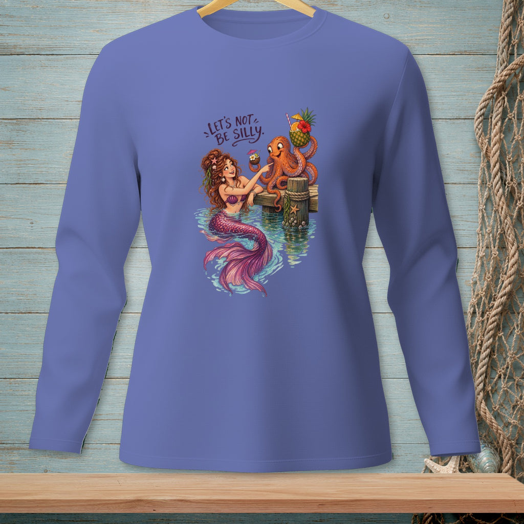 Mermaid and octopus sharing drinks with text "Let's not be silly."