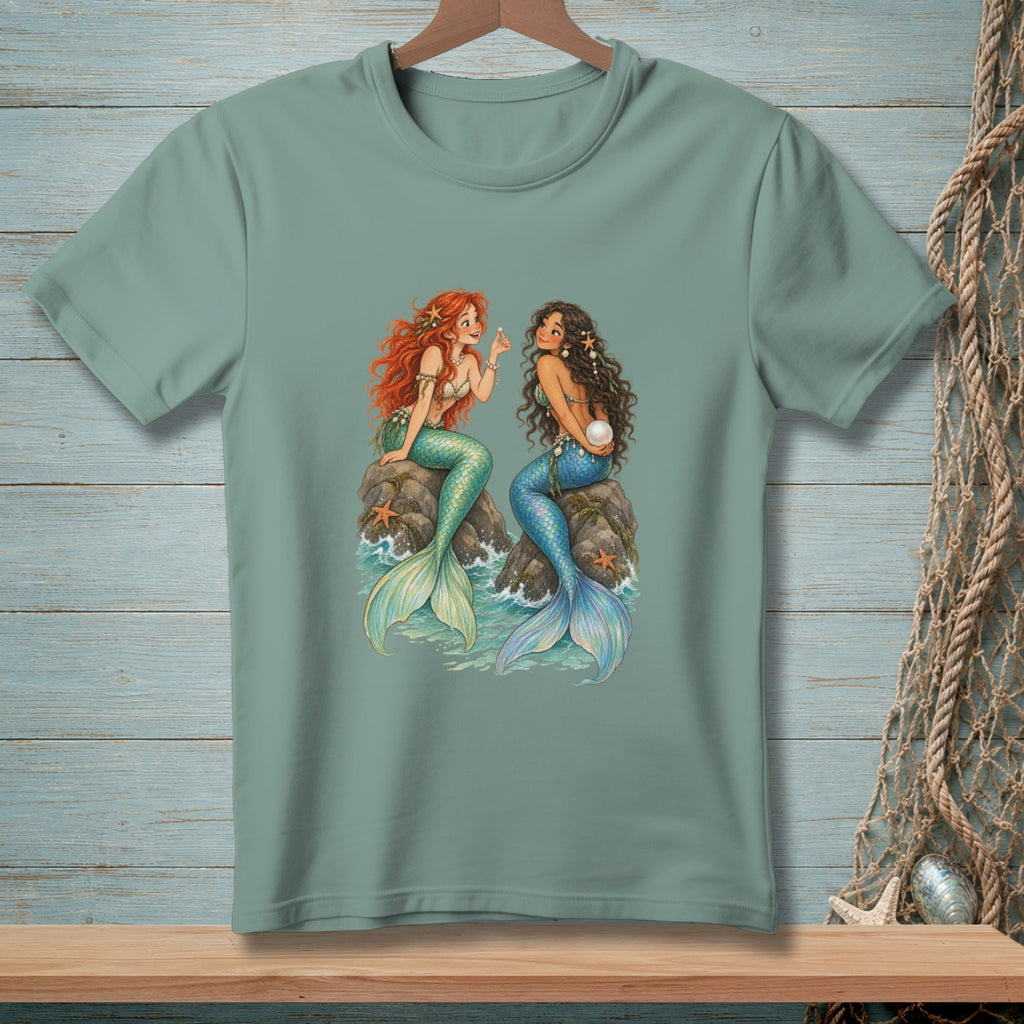 Two mermaids sit on rocks, one with red hair, the other with dark hair, holding a pearl.