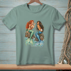 Two mermaids sit on rocks, one with red hair, the other with dark hair, holding a pearl.