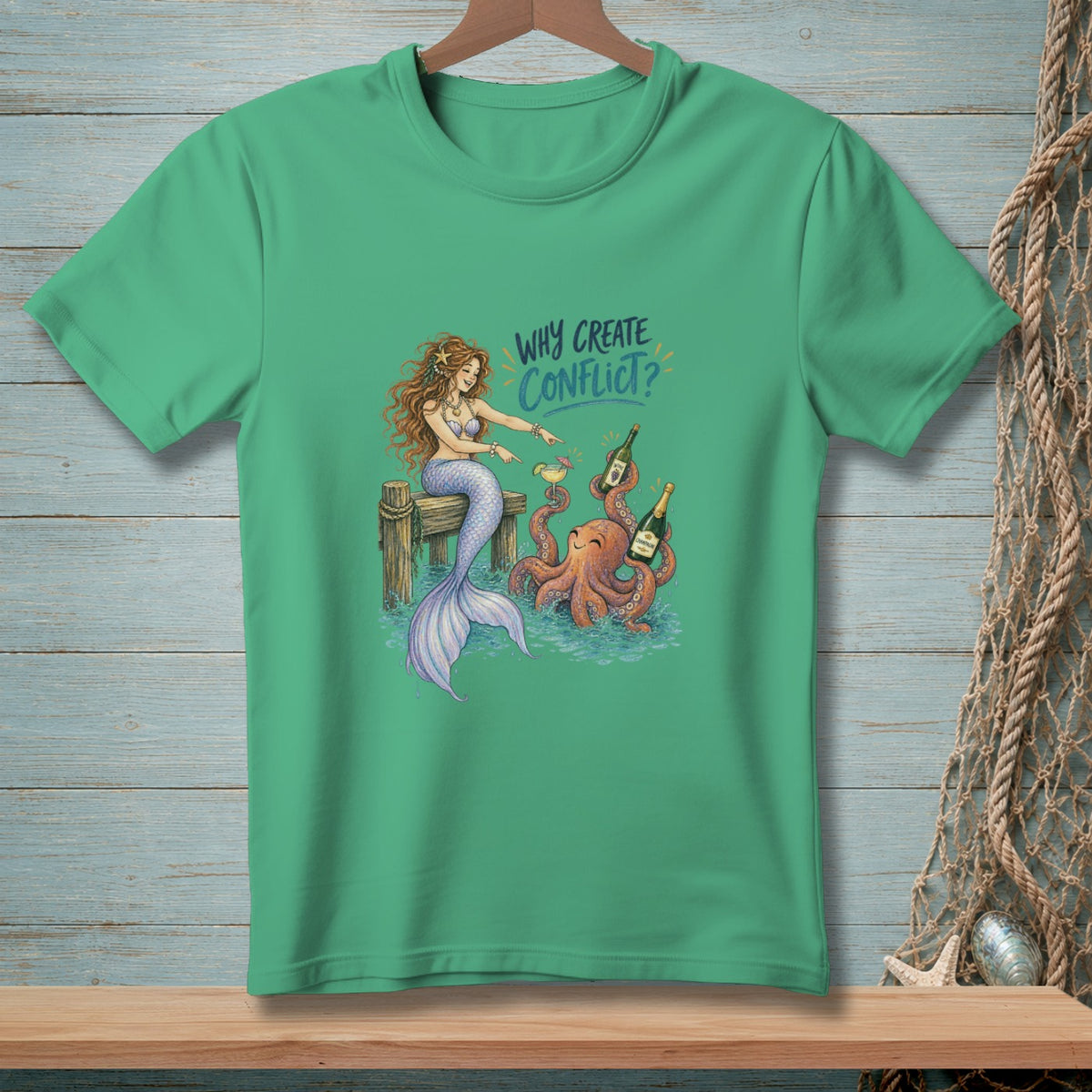 Mermaid and octopus sharing drinks with text "WHY CREATE CONFLICT?"