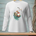 White long-sleeve shirt featuring a mermaid on a buoy with a seagull stealing a donut.