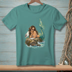 Mermaid lounging on a rock, eating with a seagull, and a plate of food.