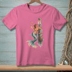 Mermaid with cocktail leans on post with "No Drinking" sign on a pink t-shirt.