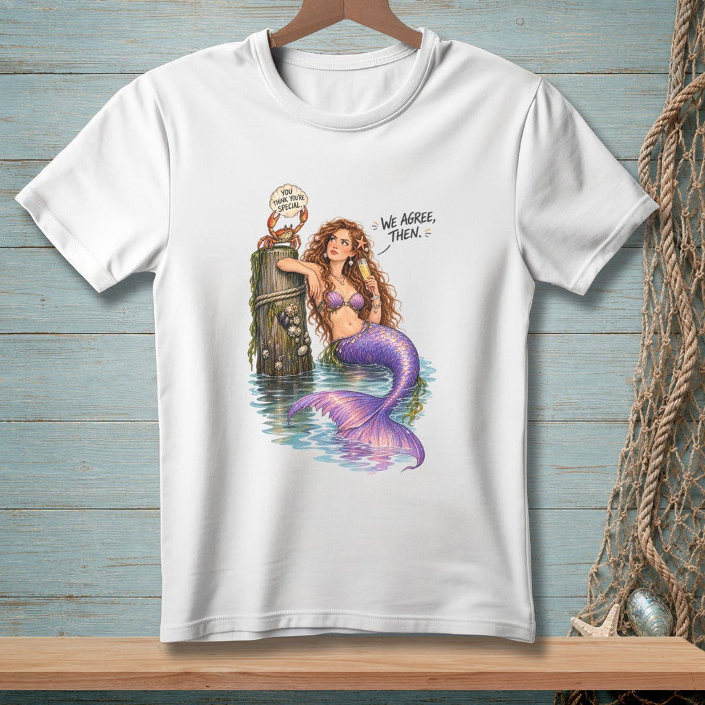 Mermaid with purple tail leans on post with crab saying "We agree, then."