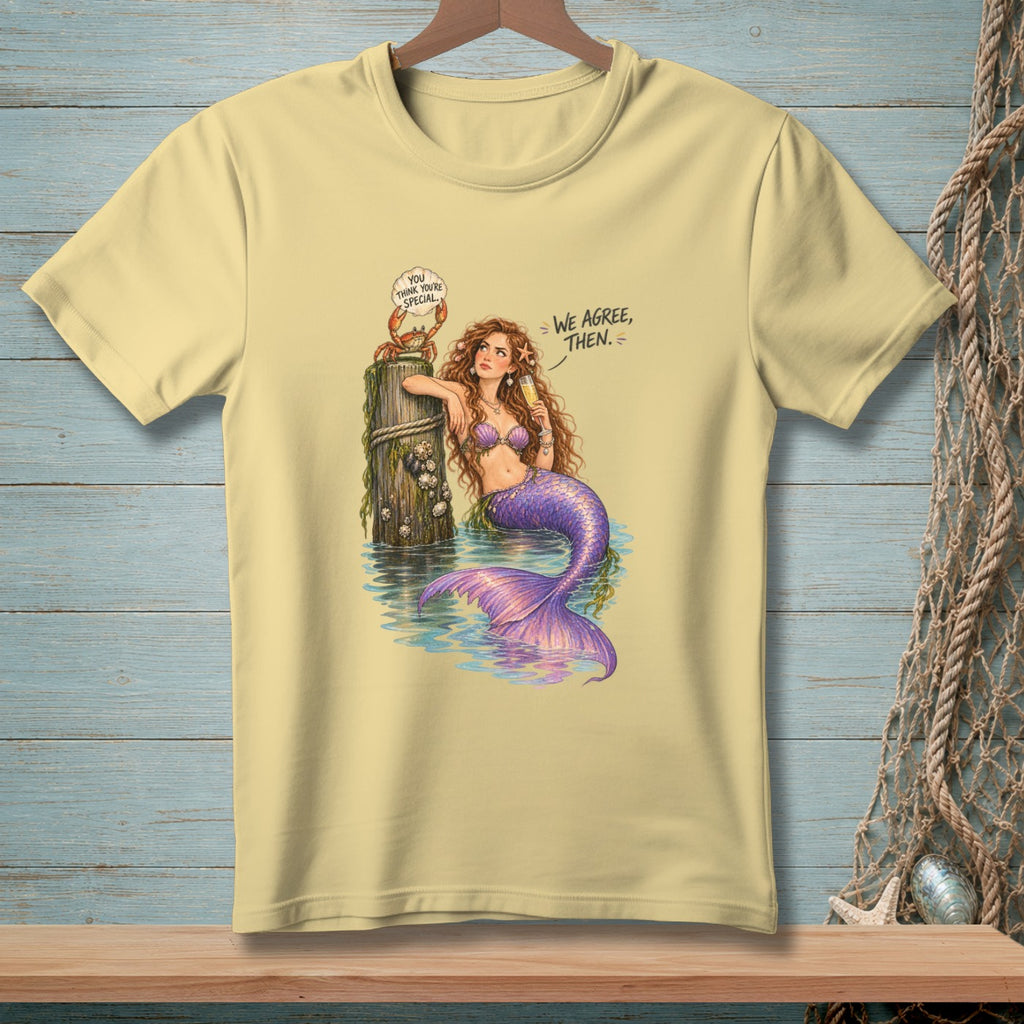 Mermaid with purple tail holding a drink next to a crab on a post.