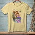 Mermaid with purple tail holding a drink next to a crab on a post.