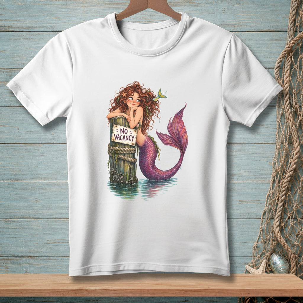 White t-shirt with a mermaid leaning on a post with a "No Vacancy" sign.