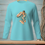 Mermaid with paddleboard and drink on turquoise long-sleeve shirt.