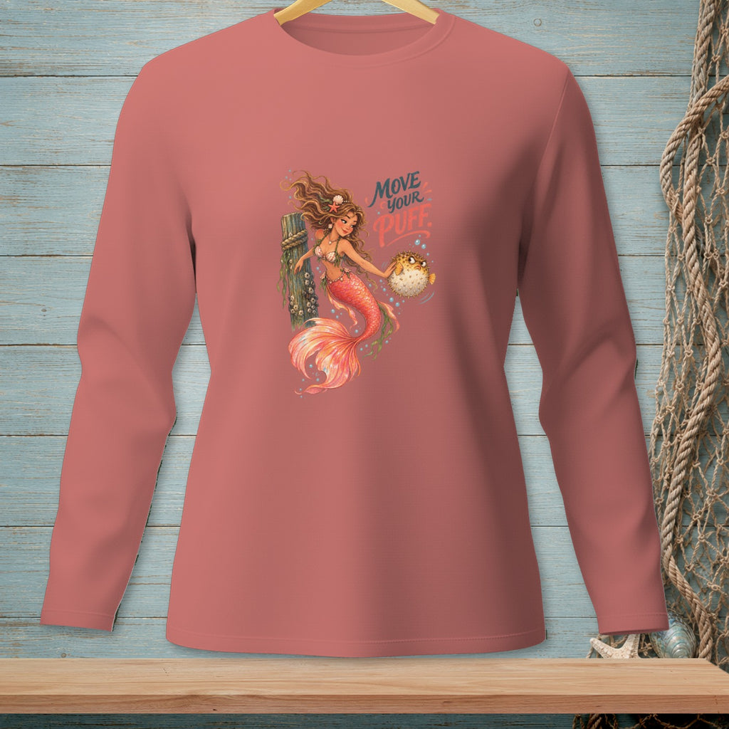 Coral long-sleeve shirt with a mermaid holding a pufferfish and text reading "Move Your Puff."